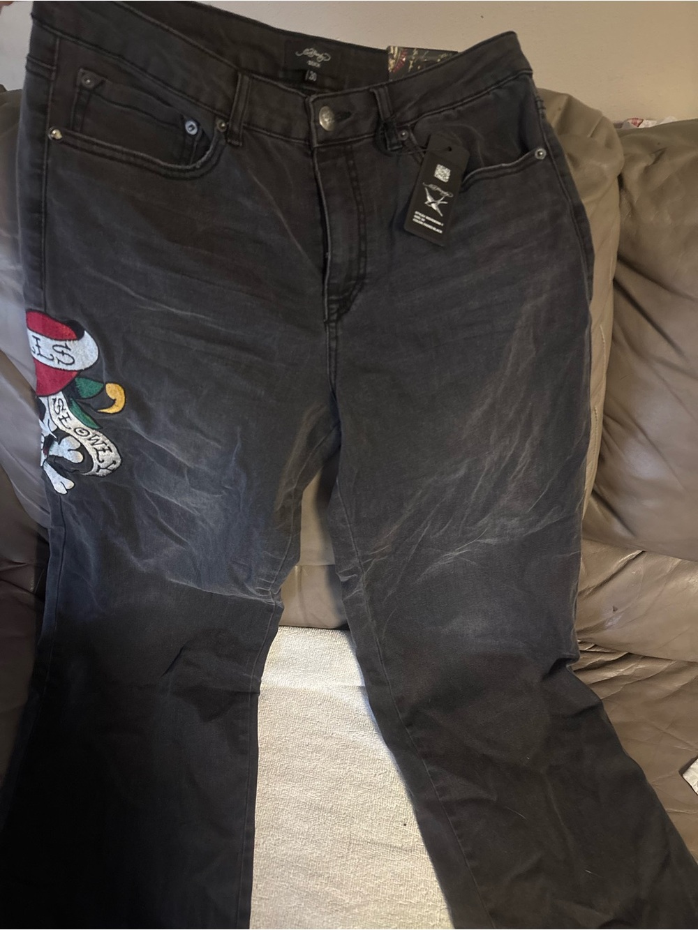 Ed hardy Black wide leg jeans with skull design and love kill slowly emblem - Picture 2 of 3